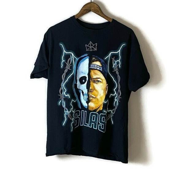 SILAS AMERICAN THUNDER Mens Black Short Sleeve T Shirt Size L Double Sided Bolts - Picture 1 of 9
